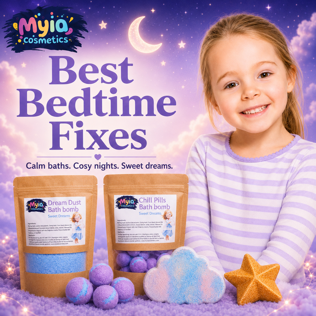 Best Bedtime Fixes kids bath products with Dream Dust, Chill Pills, cloud bath bomb and star bath bomb by Myia Cosmetics