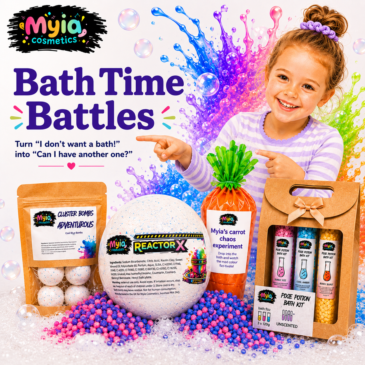 Bath Time Battles collection image showing Myia Cosmetics kids bath bombs, bath fizz kits and colourful bath-time products