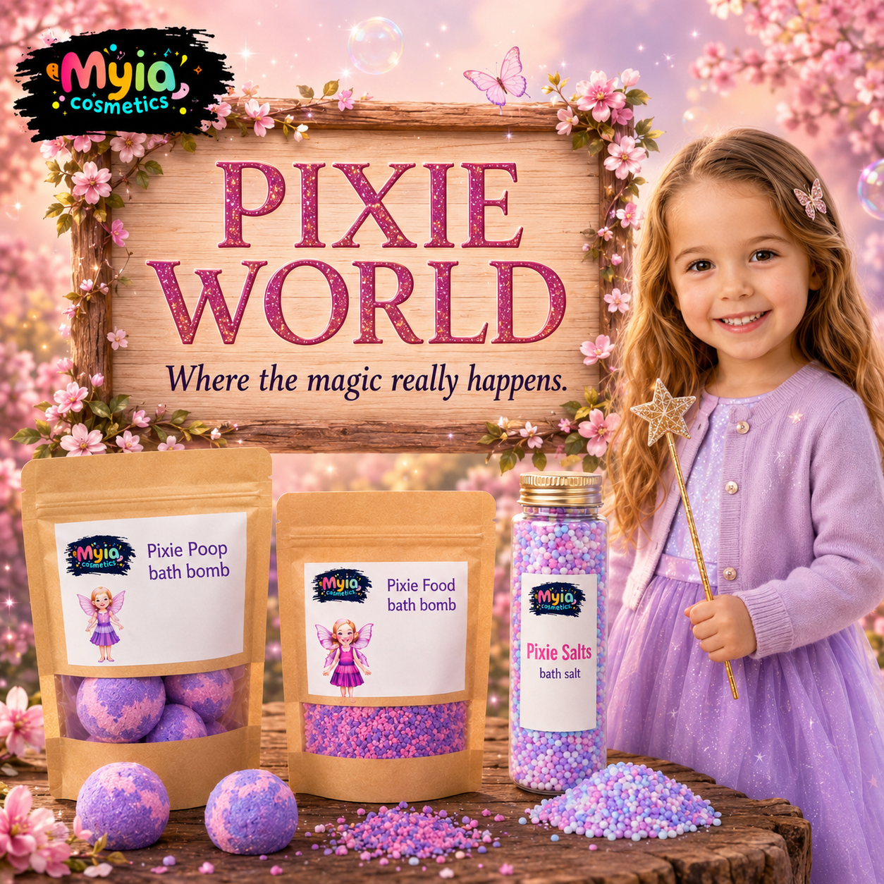 Pixie World bath products for kids by Myia Cosmetics with magical pink and purple bath fizz, bath salts and colour-changing potion tubes