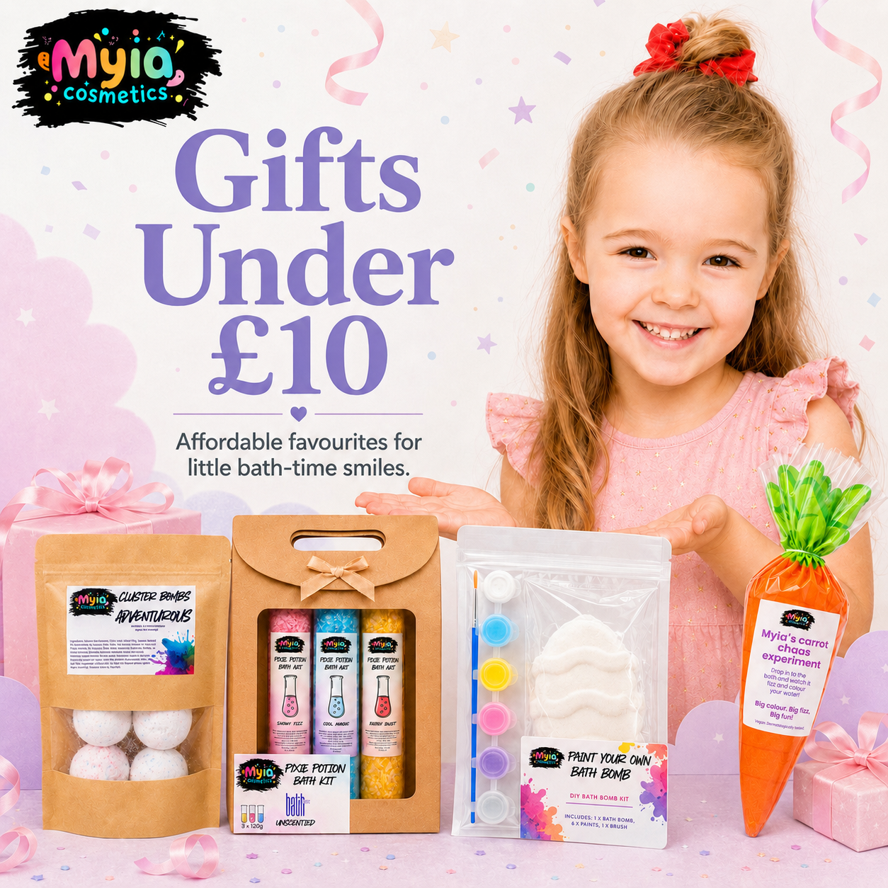 Gifts Under £10 collection image showing Myia Cosmetics children’s bath bombs, bath fizz kits, paint your own bath bomb and carrot bath experiment gift products