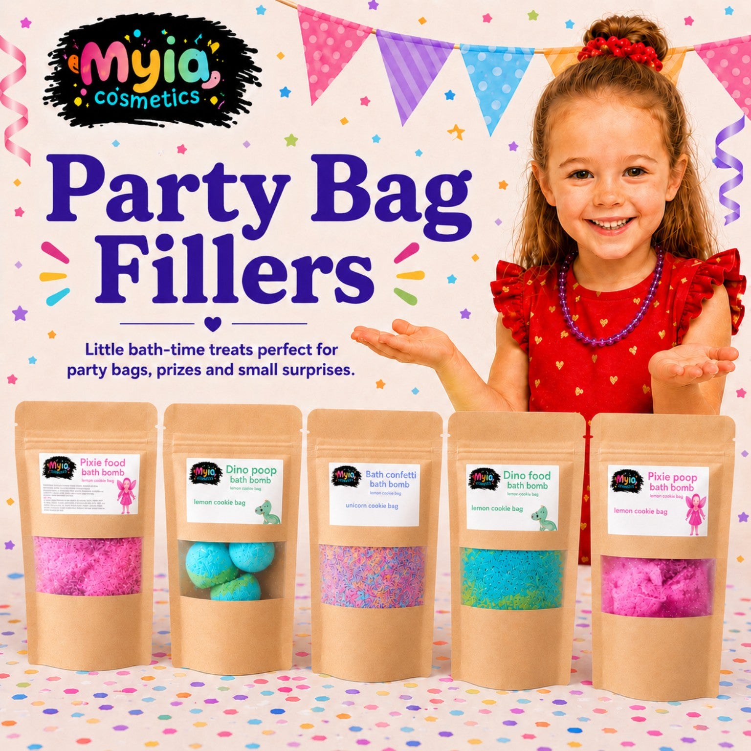 Party bag fillers collection with Myia Cosmetics mini bath products for kids