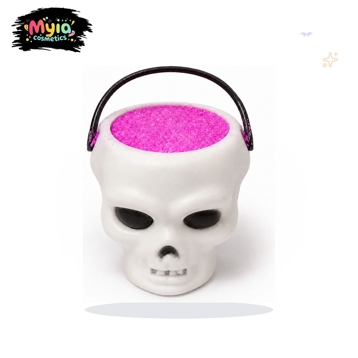 Brain Drain reusable white skull bath-fizz pot and 100g refill in Candyfloss Chaos scent by Myia Cosmetics — clean white-background hero image.