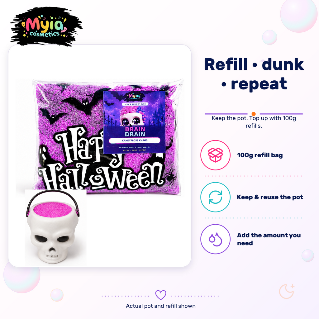 Brain Drain reusable white skull bath-fizz pot and 100g refill in Candyfloss Chaos scent by Myia Cosmetics — Halloween product-detail image.