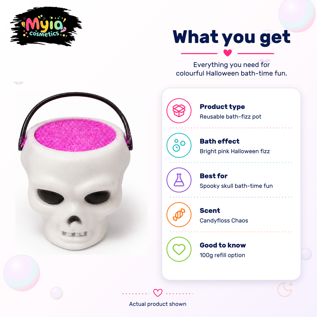 Brain Drain reusable white skull bath-fizz pot and 100g refill in Candyfloss Chaos scent by Myia Cosmetics — what-you-get guide.