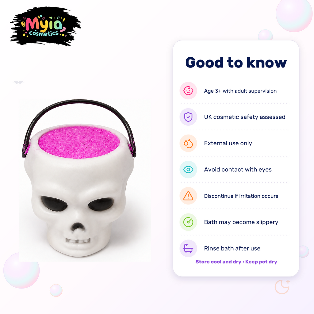 Brain Drain reusable white skull bath-fizz pot and 100g refill in Candyfloss Chaos scent by Myia Cosmetics — age, safety and care guide.
