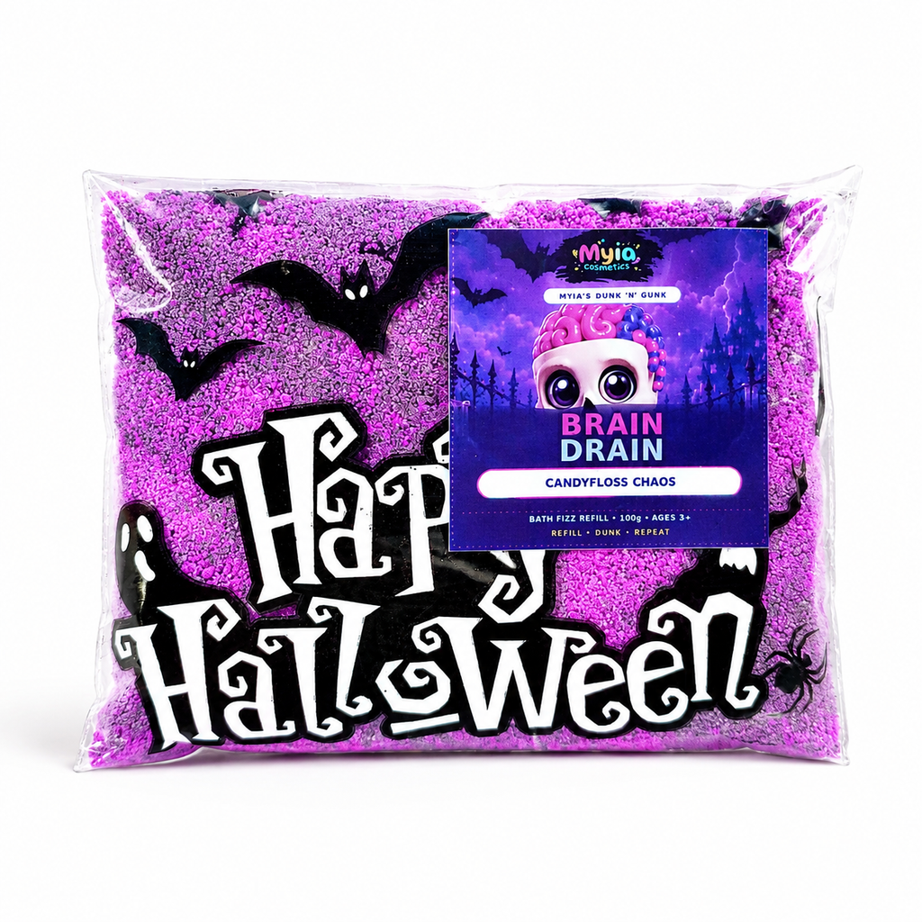 Brain Drain 100g bath fizz refill bag in Candyfloss Chaos scent by Myia Cosmetics.