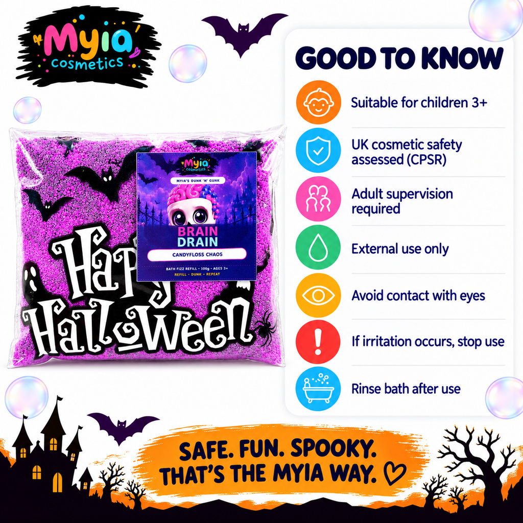 Brain Drain 100g bath fizz refill by Myia Cosmetics — age, safety and care guide.