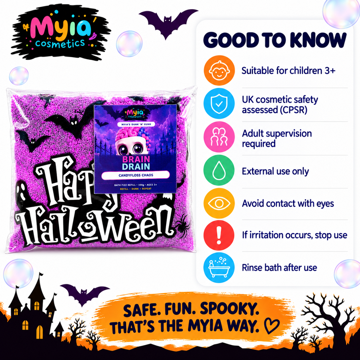 Brain Drain 100g bath fizz refill by Myia Cosmetics — age, safety and care guide.
