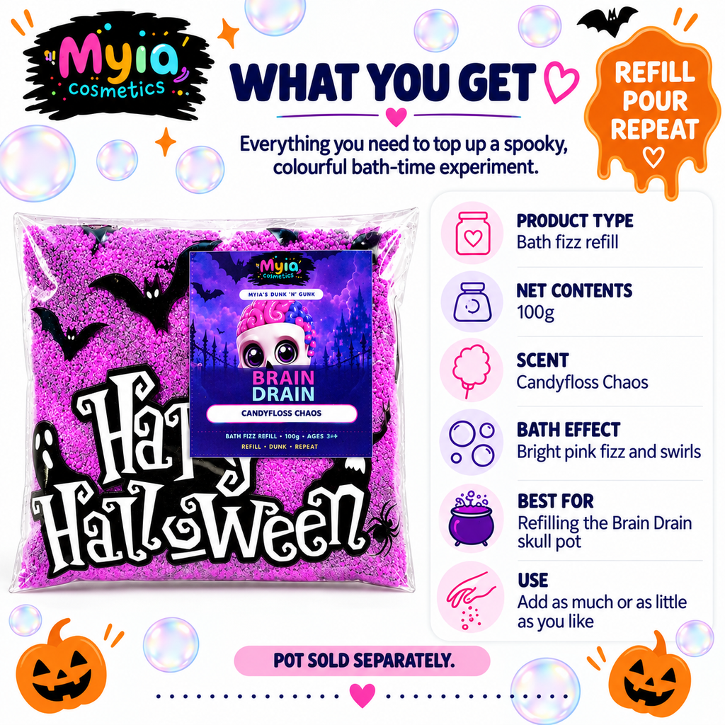 Brain Drain 100g bath fizz refill by Myia Cosmetics — what you get guide.
