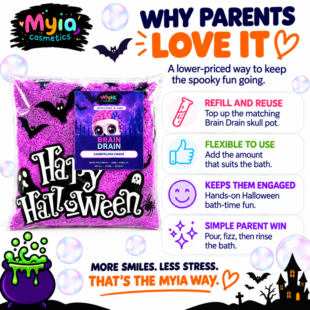 Brain Drain 100g bath fizz refill by Myia Cosmetics — parent-benefits guide.