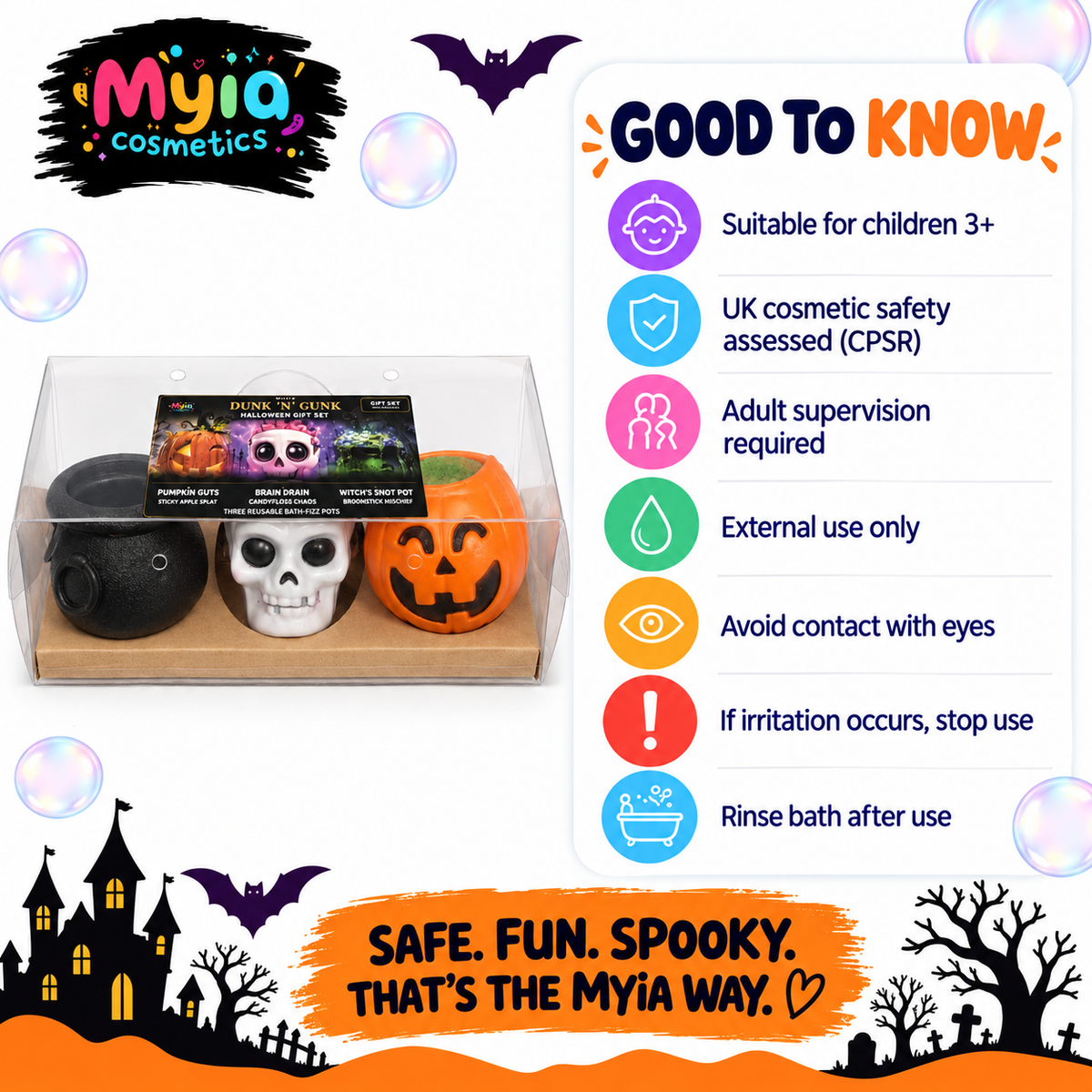 Myia’s Halloween three-pot bath fizz gift set — age, safety and care guide.