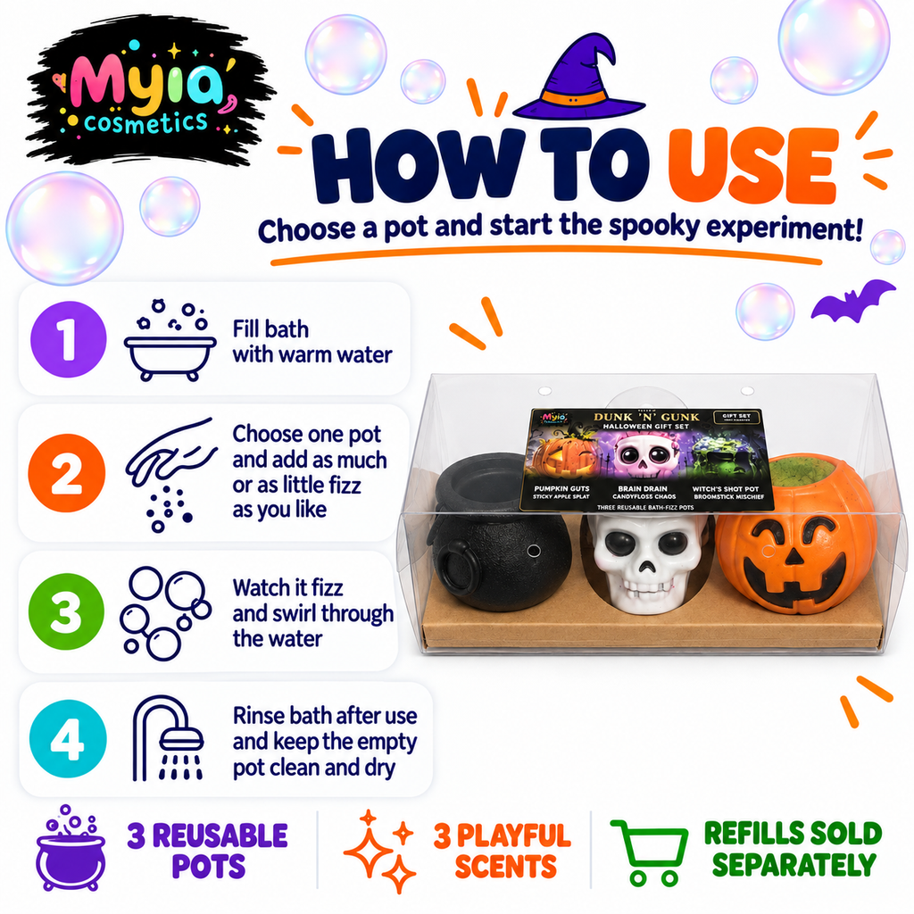 Myia’s Halloween three-pot bath fizz gift set — four-step how-to-use guide.
