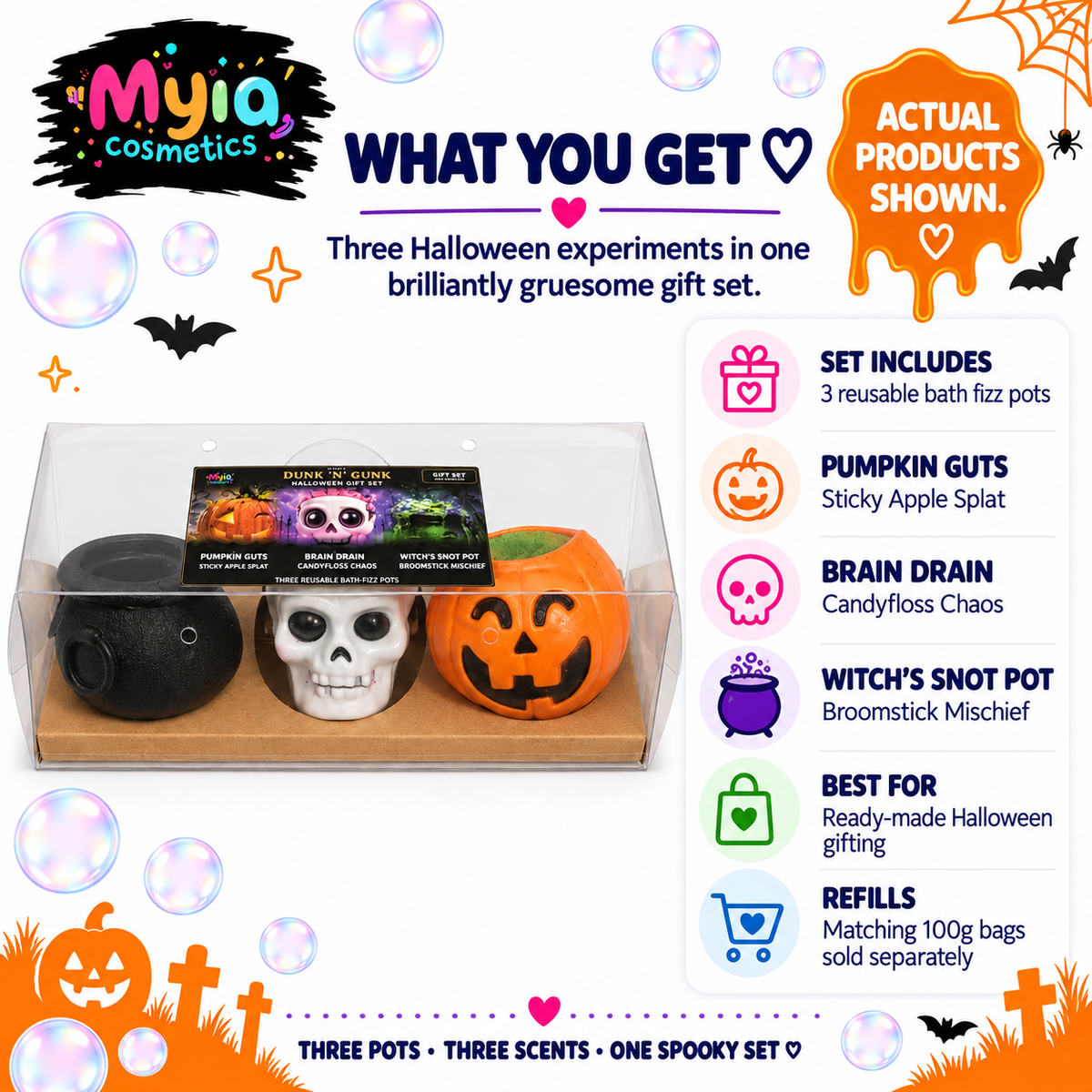 Myia’s Halloween three-pot bath fizz gift set — what you get guide.