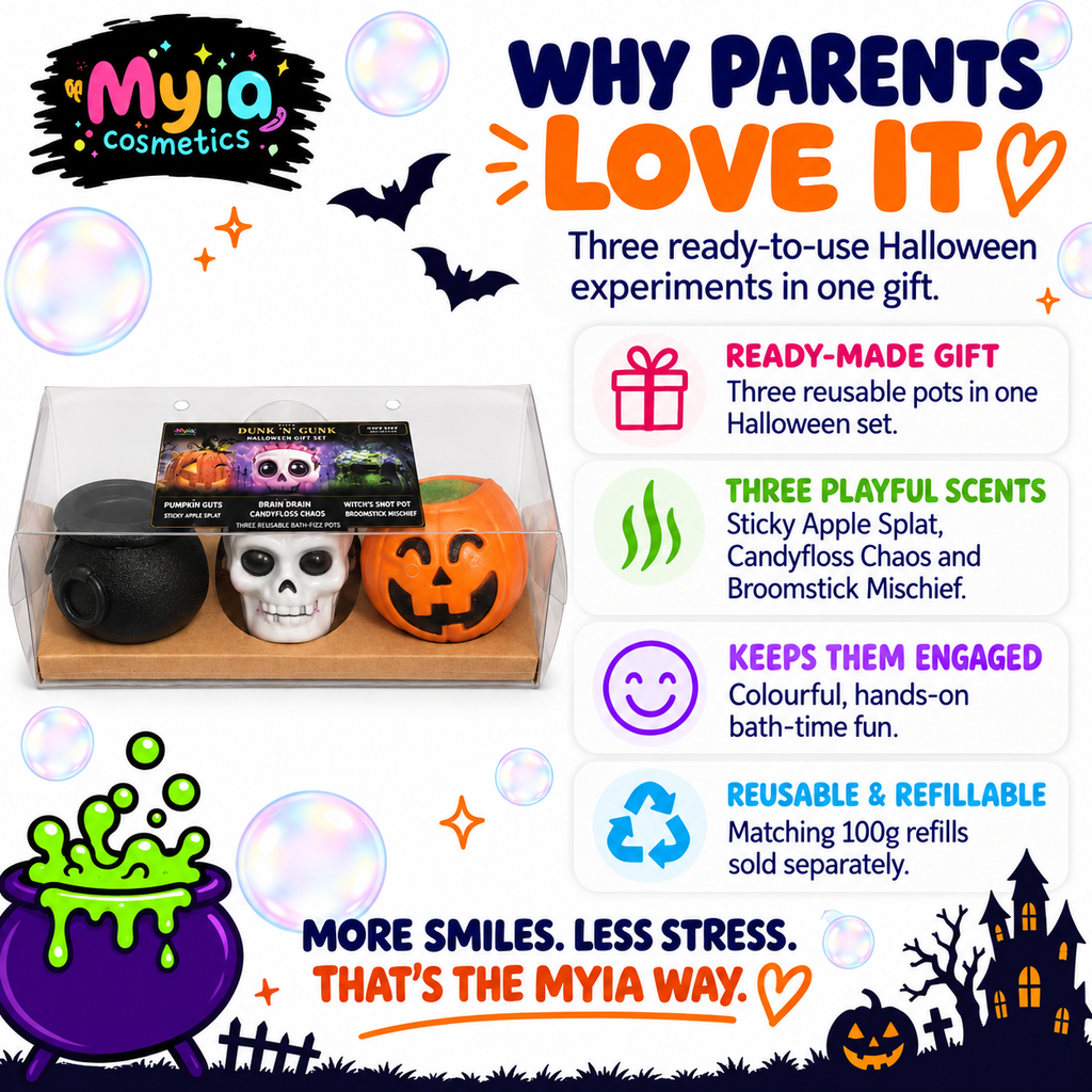 Myia’s Halloween three-pot bath fizz gift set — parent-benefits guide.