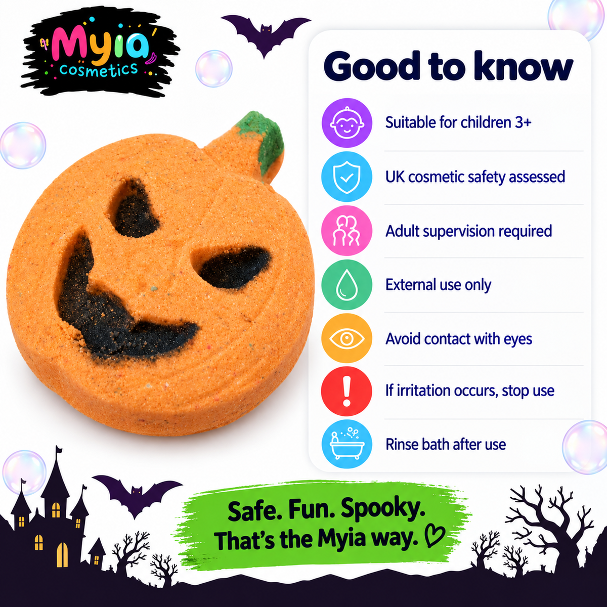 Jack-O’-Fizz 148g orange pumpkin bath bomb in Sticky Apple Splat scent by Myia Cosmetics — age, safety and care guide.