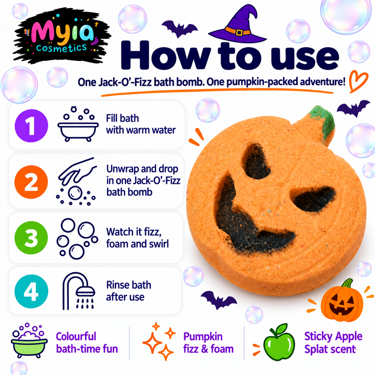 Jack-O’-Fizz 148g orange pumpkin bath bomb in Sticky Apple Splat scent by Myia Cosmetics — four-step how-to-use guide.