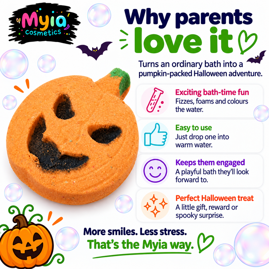 Jack-O’-Fizz 148g orange pumpkin bath bomb in Sticky Apple Splat scent by Myia Cosmetics — parent benefits guide.