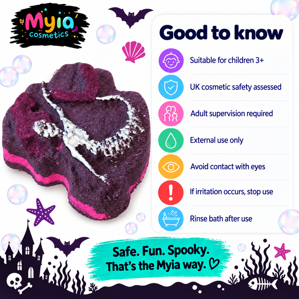 Mermaid Bones 156g pink and purple mermaid skeleton bath bomb by Myia Cosmetics — age, safety and care guide.