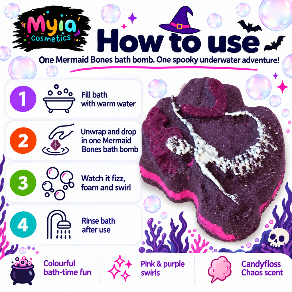 Mermaid Bones 156g pink and purple mermaid skeleton bath bomb by Myia Cosmetics — four-step how-to-use guide.