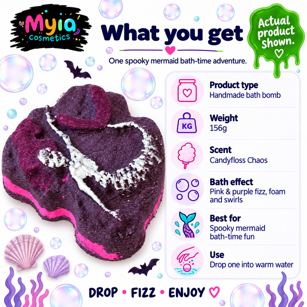Mermaid Bones 156g pink and purple mermaid skeleton bath bomb by Myia Cosmetics — what you get guide.