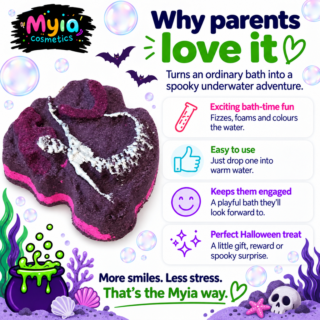 Mermaid Bones 156g pink and purple mermaid skeleton bath bomb by Myia Cosmetics — parent benefits guide.