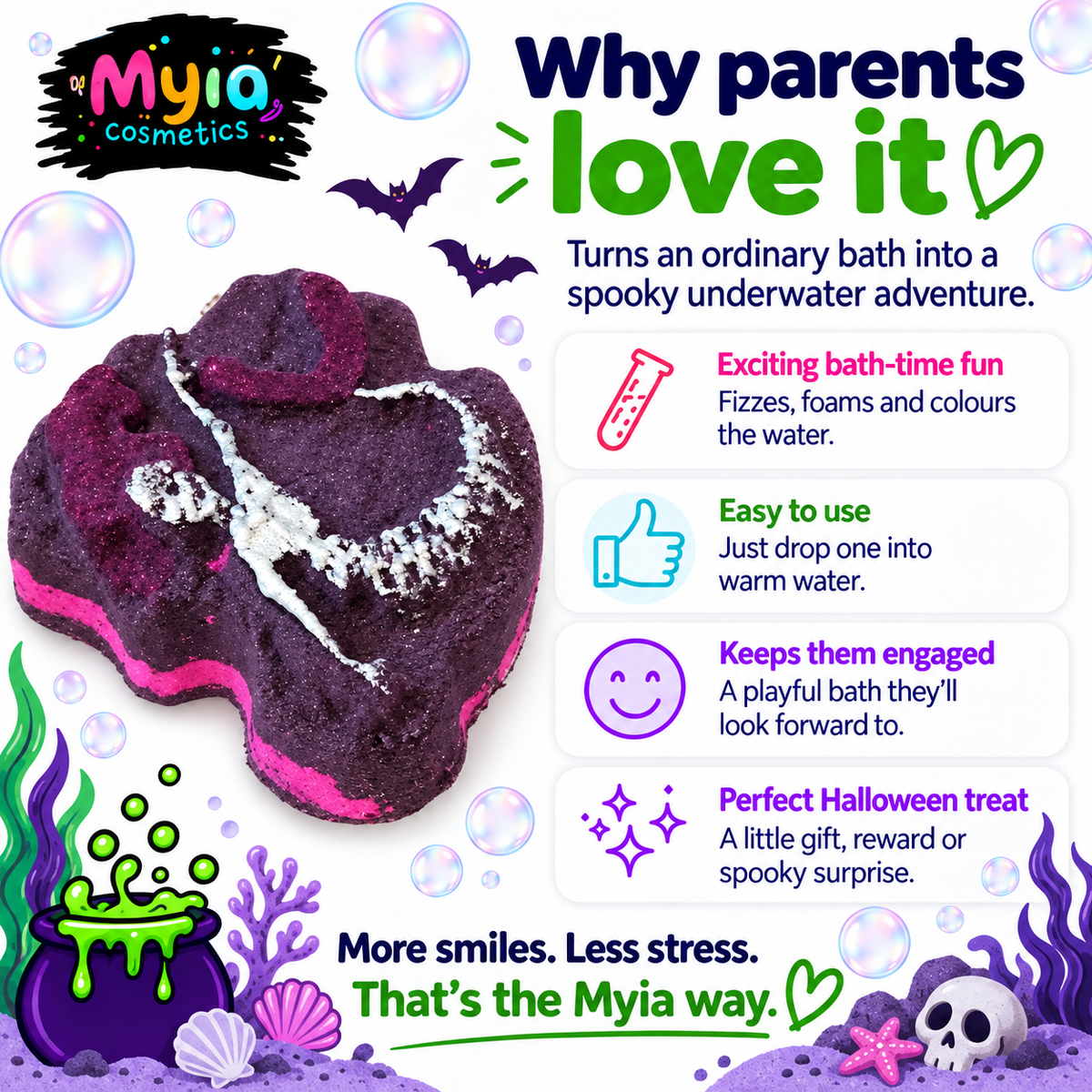Mermaid Bones 156g pink and purple mermaid skeleton bath bomb by Myia Cosmetics — parent benefits guide.