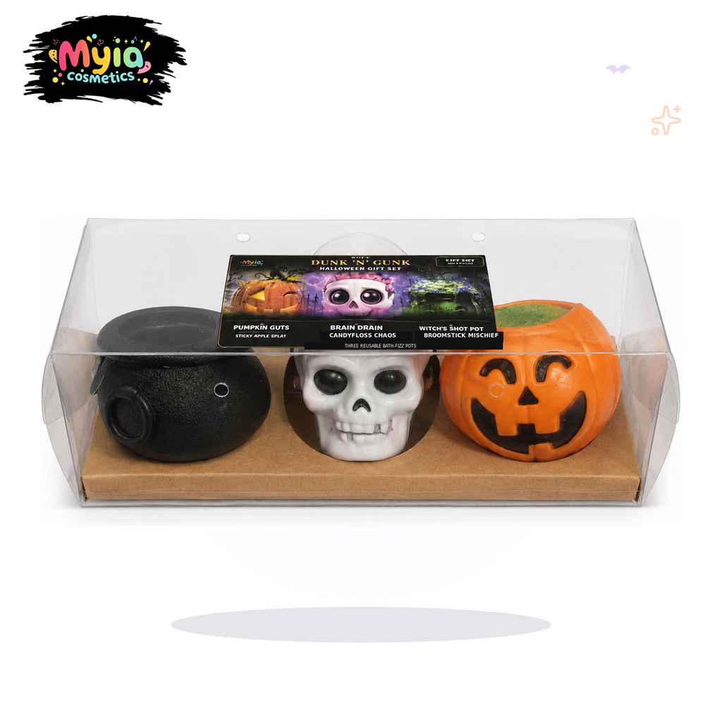 Dunk ’N’ Gunk Halloween gift set with Pumpkin Guts, Brain Drain and Witch’s Snot reusable bath-fizz pots by Myia Cosmetics — clean white-background hero image.