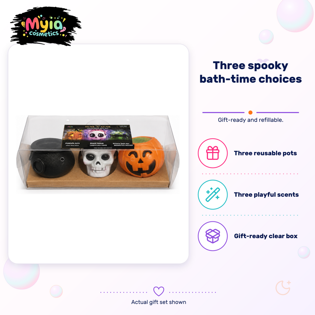 Dunk ’N’ Gunk Halloween gift set with Pumpkin Guts, Brain Drain and Witch’s Snot reusable bath-fizz pots by Myia Cosmetics — Halloween product-detail image.