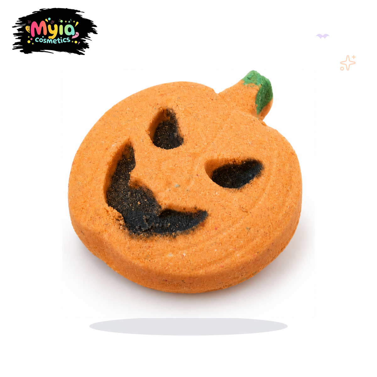 Jack-O’-Fizz 148g orange pumpkin bath bomb in Sticky Apple Splat scent by Myia Cosmetics — clean white-background hero image.