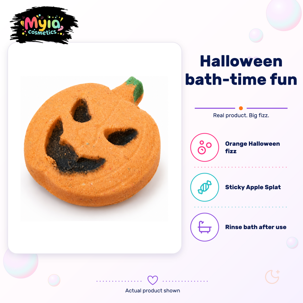 Jack-O’-Fizz 148g orange pumpkin bath bomb in Sticky Apple Splat scent by Myia Cosmetics — Halloween product-detail image.