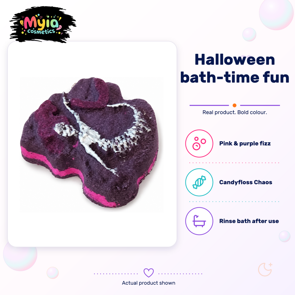 Mermaid Bones 156g pink and purple mermaid skeleton bath bomb in Candyfloss Chaos scent by Myia Cosmetics — Halloween product-detail image.
