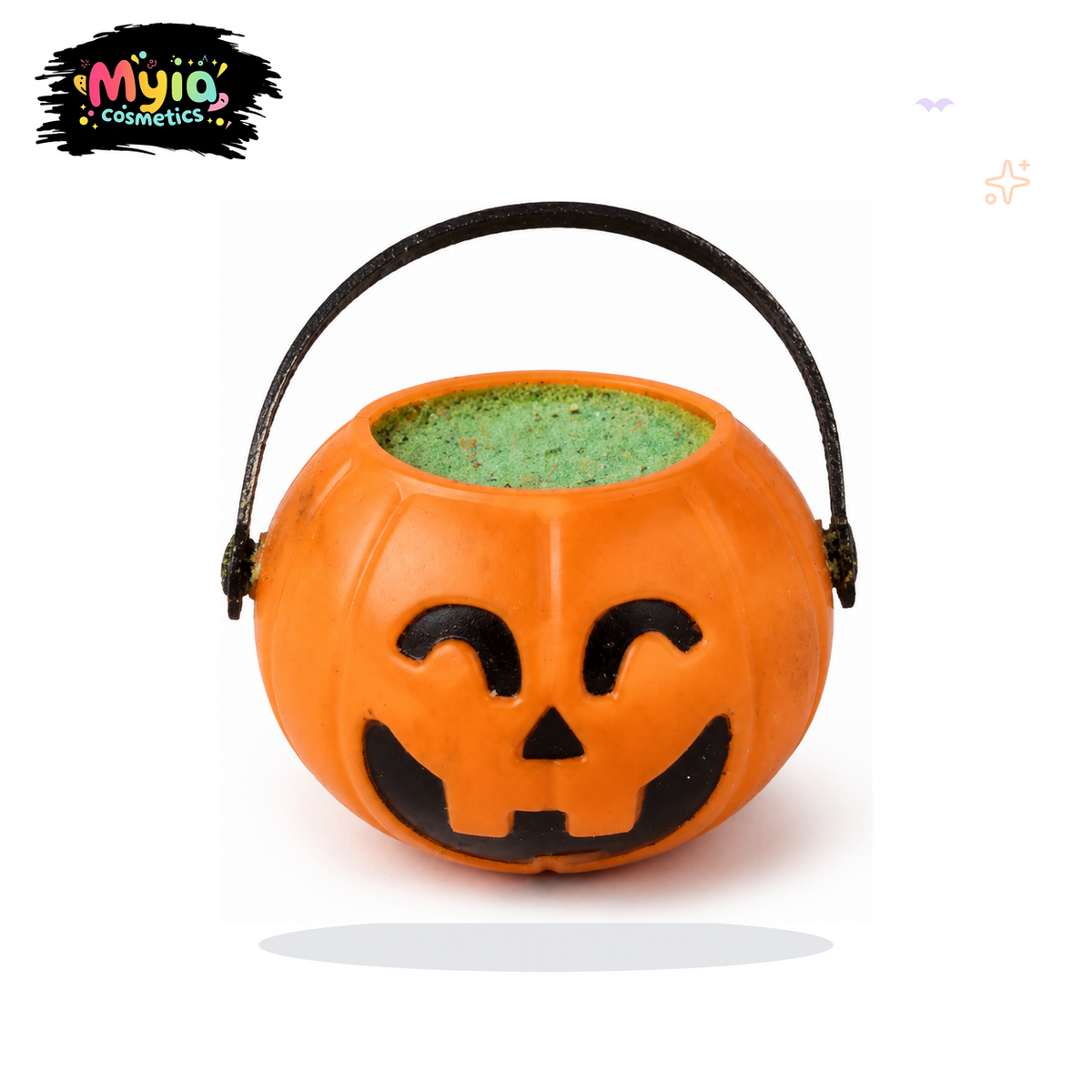 Pumpkin Guts reusable orange pumpkin bath fizz pot filled with green fizz in Sticky Apple Splat scent by Myia Cosmetics.