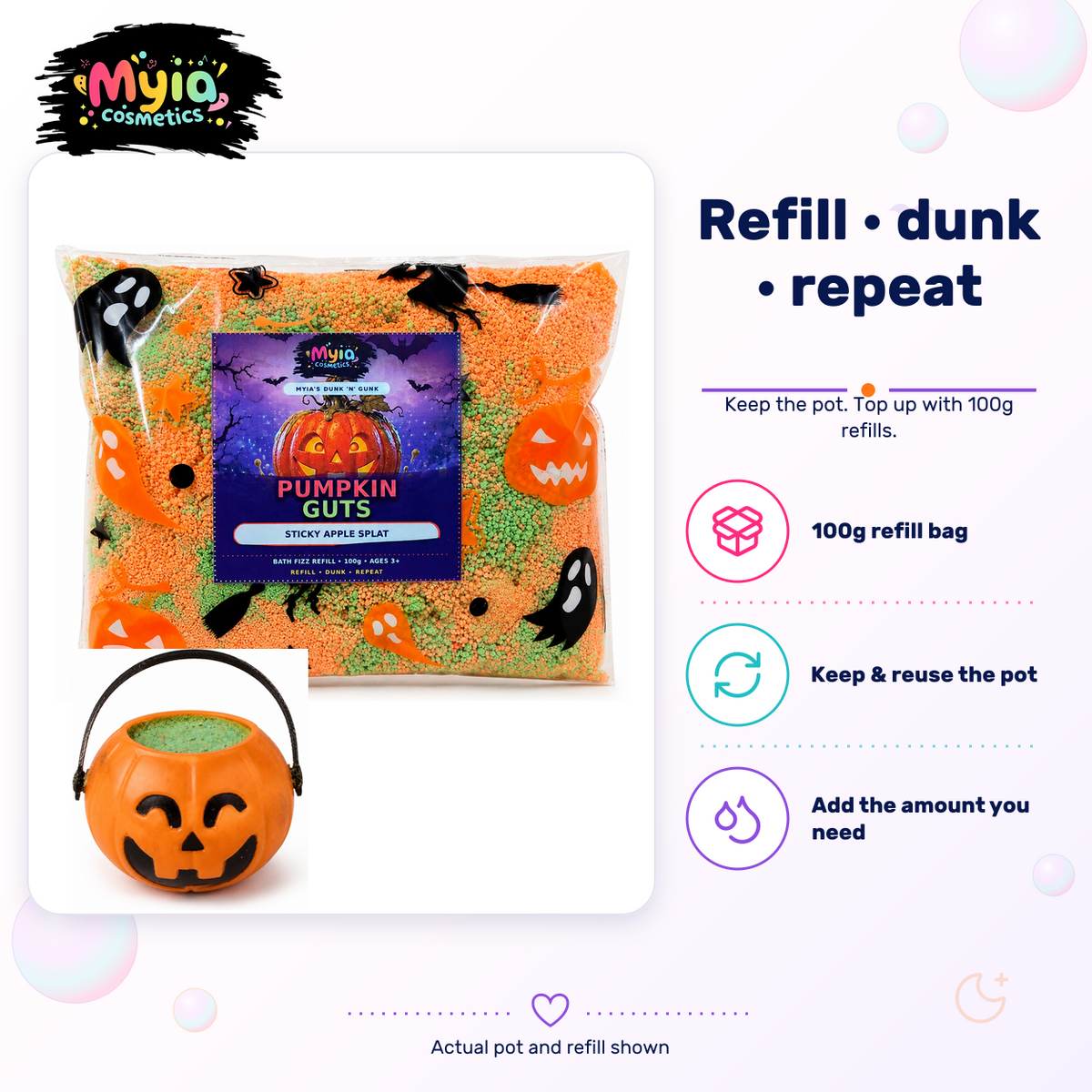 Pumpkin Guts reusable pot shown with its matching 100g bath fizz refill bag, which is sold separately.