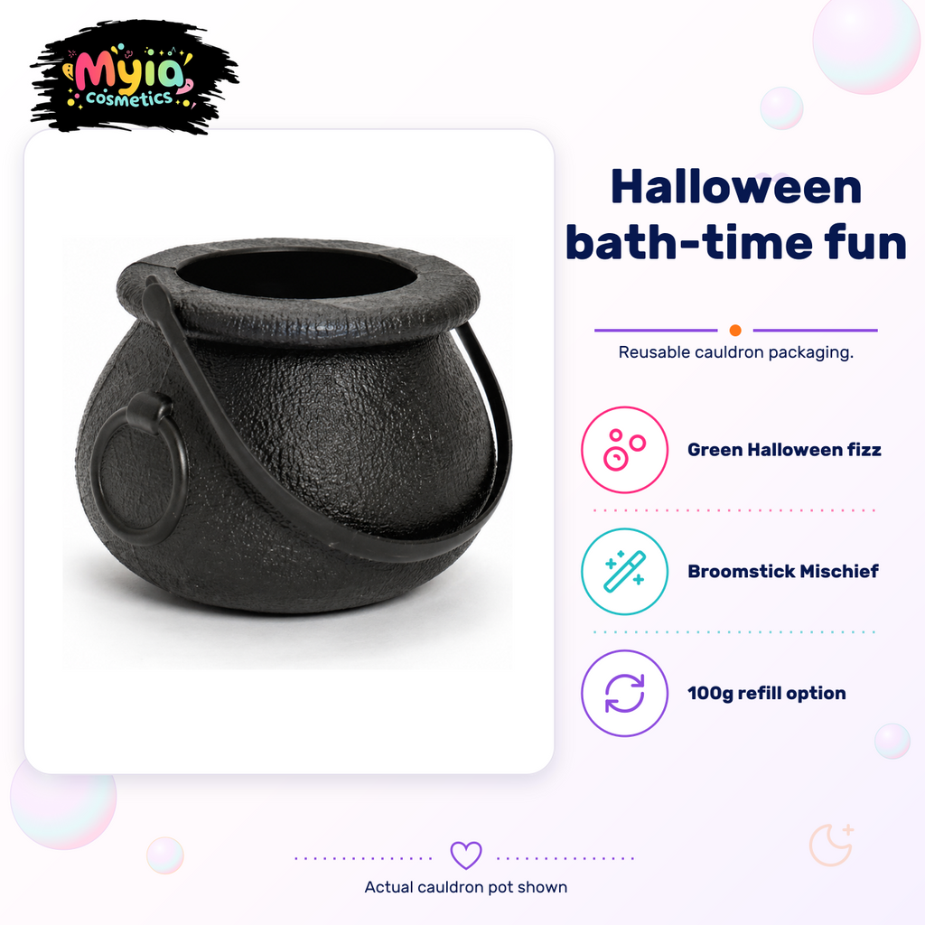 Witch’s Snot Pot reusable black cauldron bath-fizz packaging in Broomstick Mischief scent by Myia Cosmetics — Halloween product-detail image.