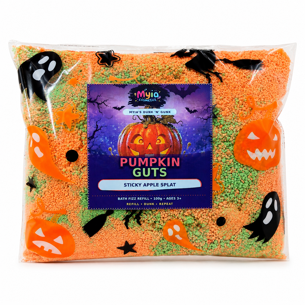 Pumpkin Guts 100g bath fizz refill bag in Sticky Apple Splat scent by Myia Cosmetics.
