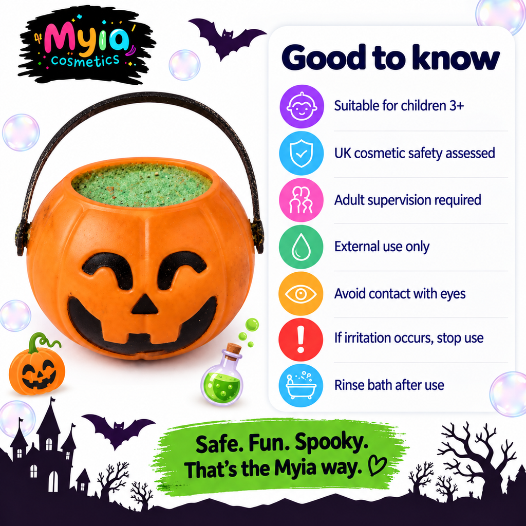 Pumpkin Guts reusable orange pumpkin bath fizz pot by Myia Cosmetics — age, safety and care guide.