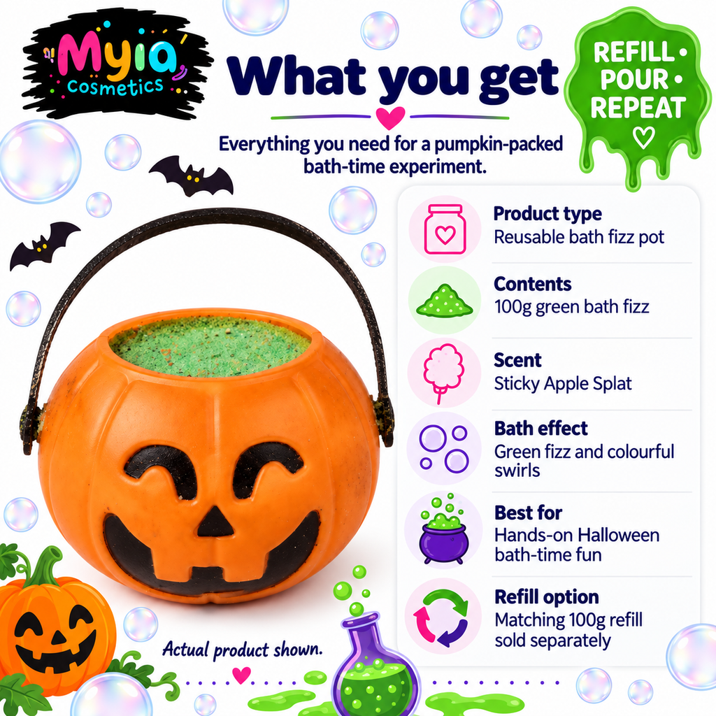 Pumpkin Guts reusable orange pumpkin pot with 100g green bath fizz in Sticky Apple Splat scent by Myia Cosmetics — what you get guide.