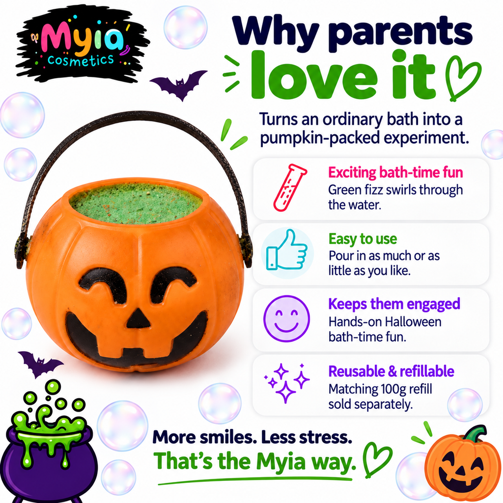 Pumpkin Guts reusable orange pumpkin bath fizz pot by Myia Cosmetics — parent benefits and refill guide.