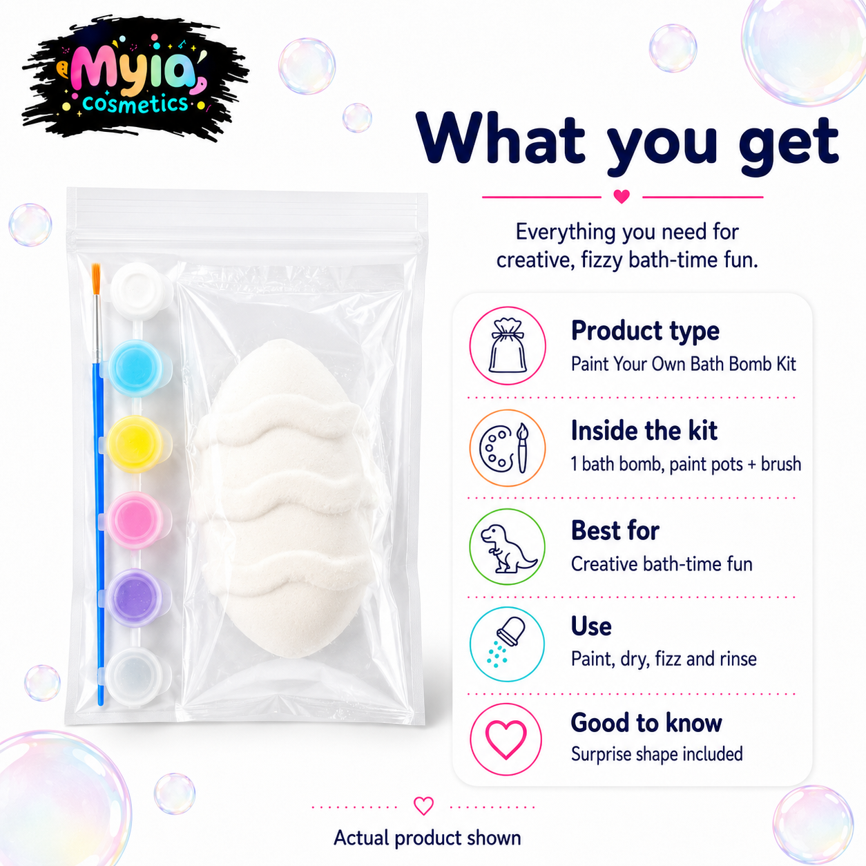 What you get with Myia Cosmetics Paint Your Own Bath Bomb including bath bomb, six paints and paintbrush