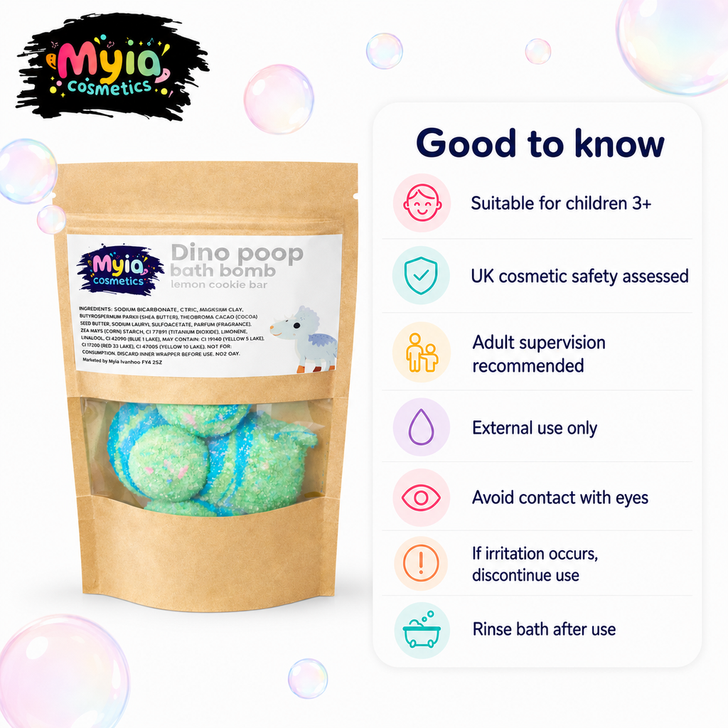 Good to know guide for Dino Poo Mini Bath Bombs, suitable for children 3+ with adult supervision