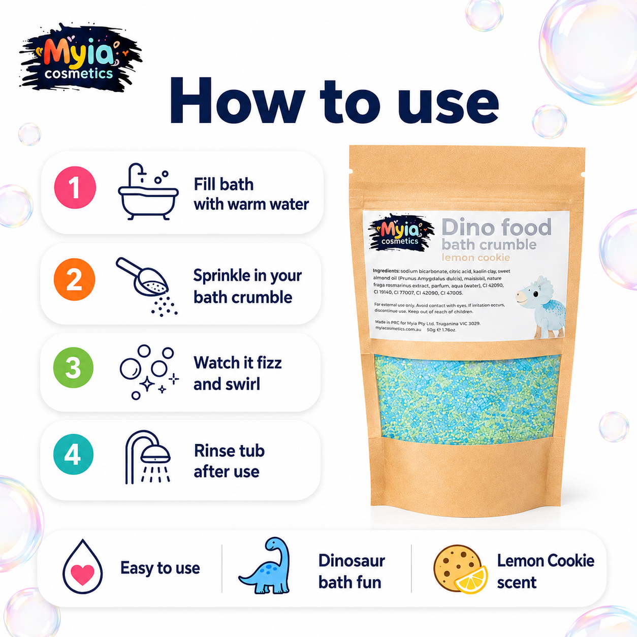 How to use Dino Food Bath Crumble 50g sample, showing how to sprinkle into warm bath water for fizzy dinosaur bath-time fun