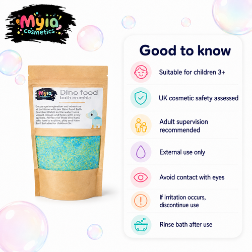 Good to know guide for Dino Food Bath Crumble, suitable for children 3+ with adult supervision