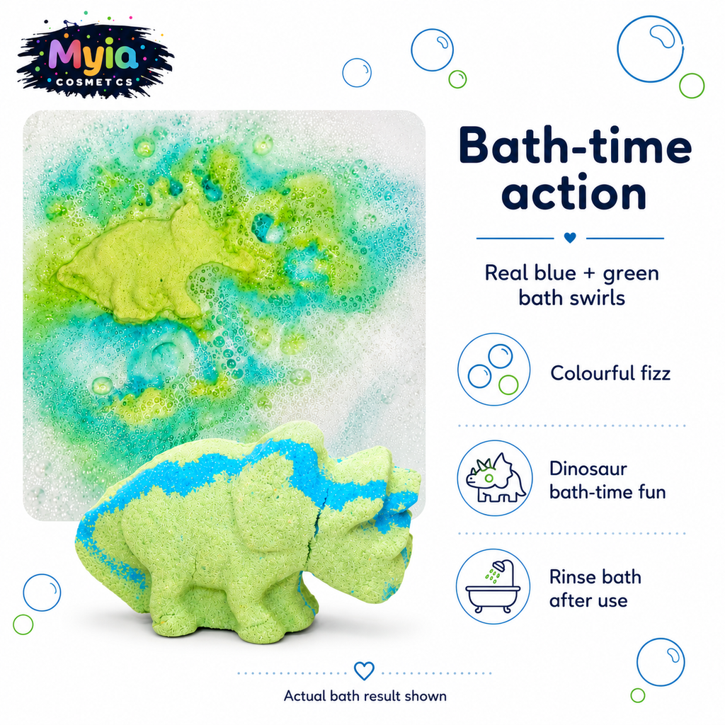 Dino Bath Bomb fizzing in bath water with green and blue colour for dinosaur bath-time fun