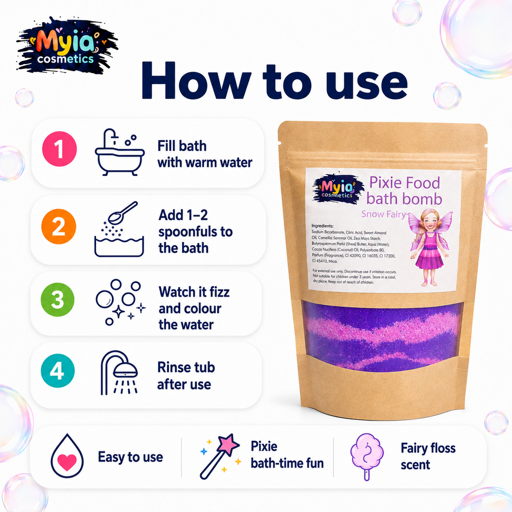 How to use Pixie Food Bath Crumble, showing how to sprinkle into warm bath water for magical fizzy bath-time fun
