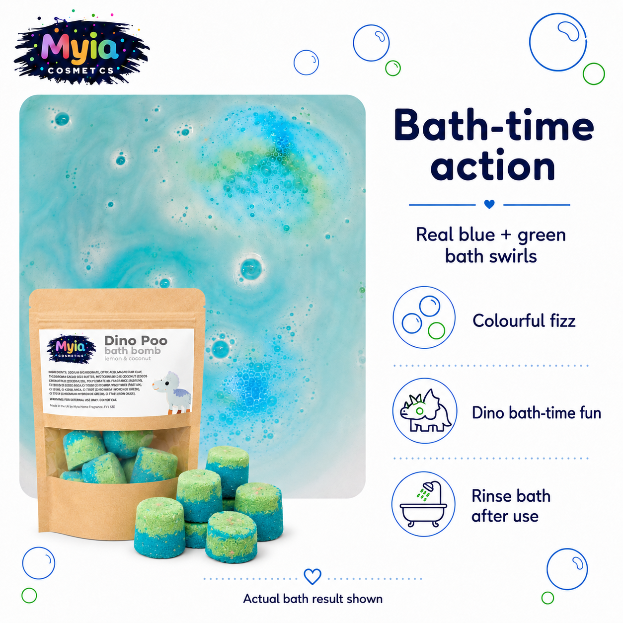 Dino Poo Mini Bath Bombs fizzing in bath water, creating colourful dinosaur bath-time fun