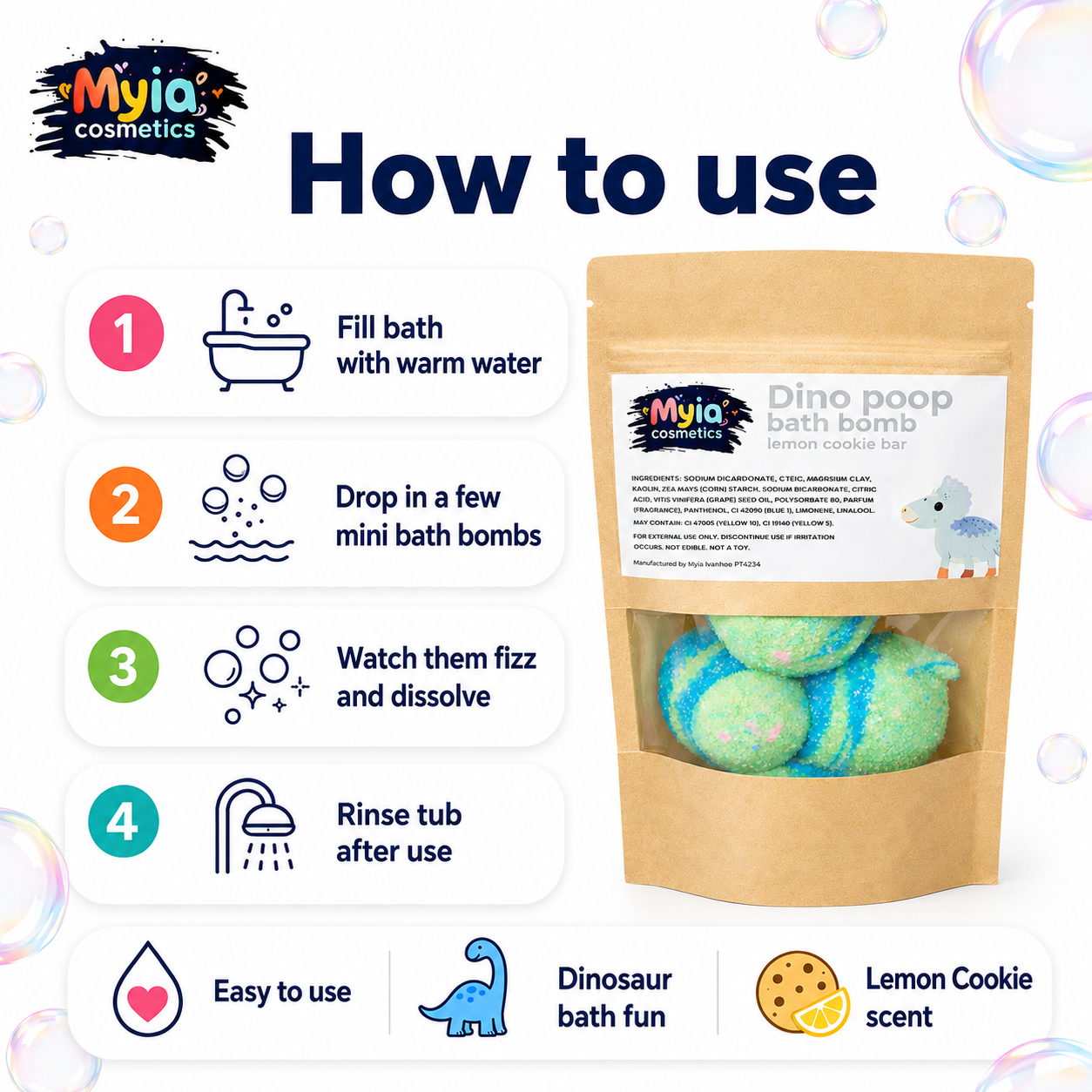 How to use Dino Poo Mini Bath Bombs 50g sample, showing how to add mini bath bombs to warm bath water for fizzy dinosaur bath-time fun