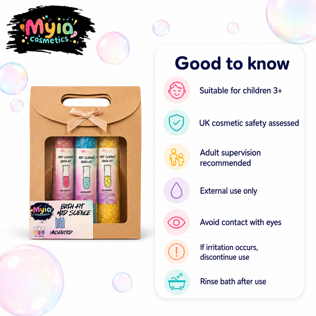 Good to know guide for Mad Science Bath Kit, suitable for children 3+ with adult supervision