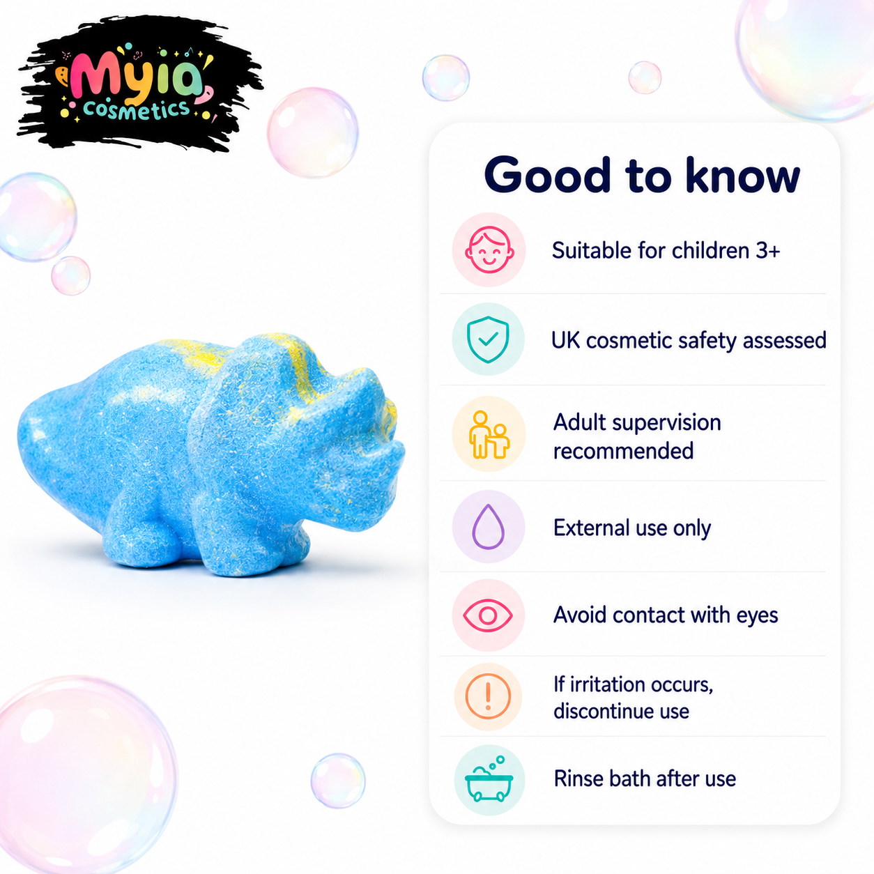 Good to know guide for Dino Bath Bomb, suitable for children 3+ with adult supervision