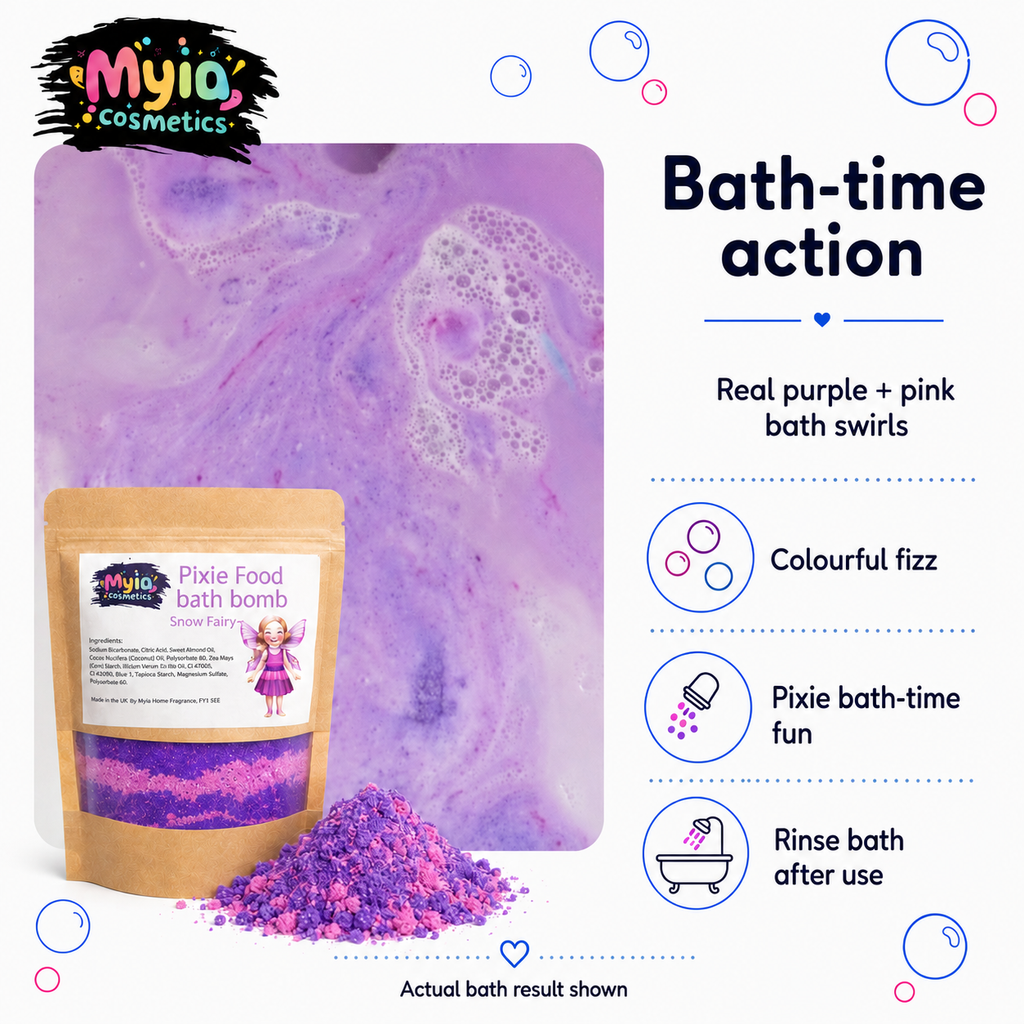 Pixie Food Bath Crumble fizzing in bath water with pink and purple colour for magical pixie bath-time fun