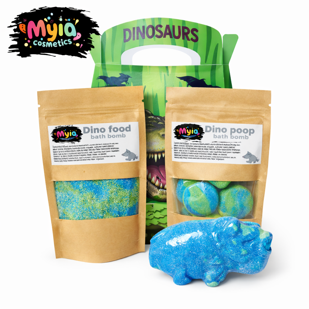 Dino Gift Set with dinosaur bath bomb, Dino Food and Dino Poo, lemon cookie scented kids bath products by Myia Cosmetics